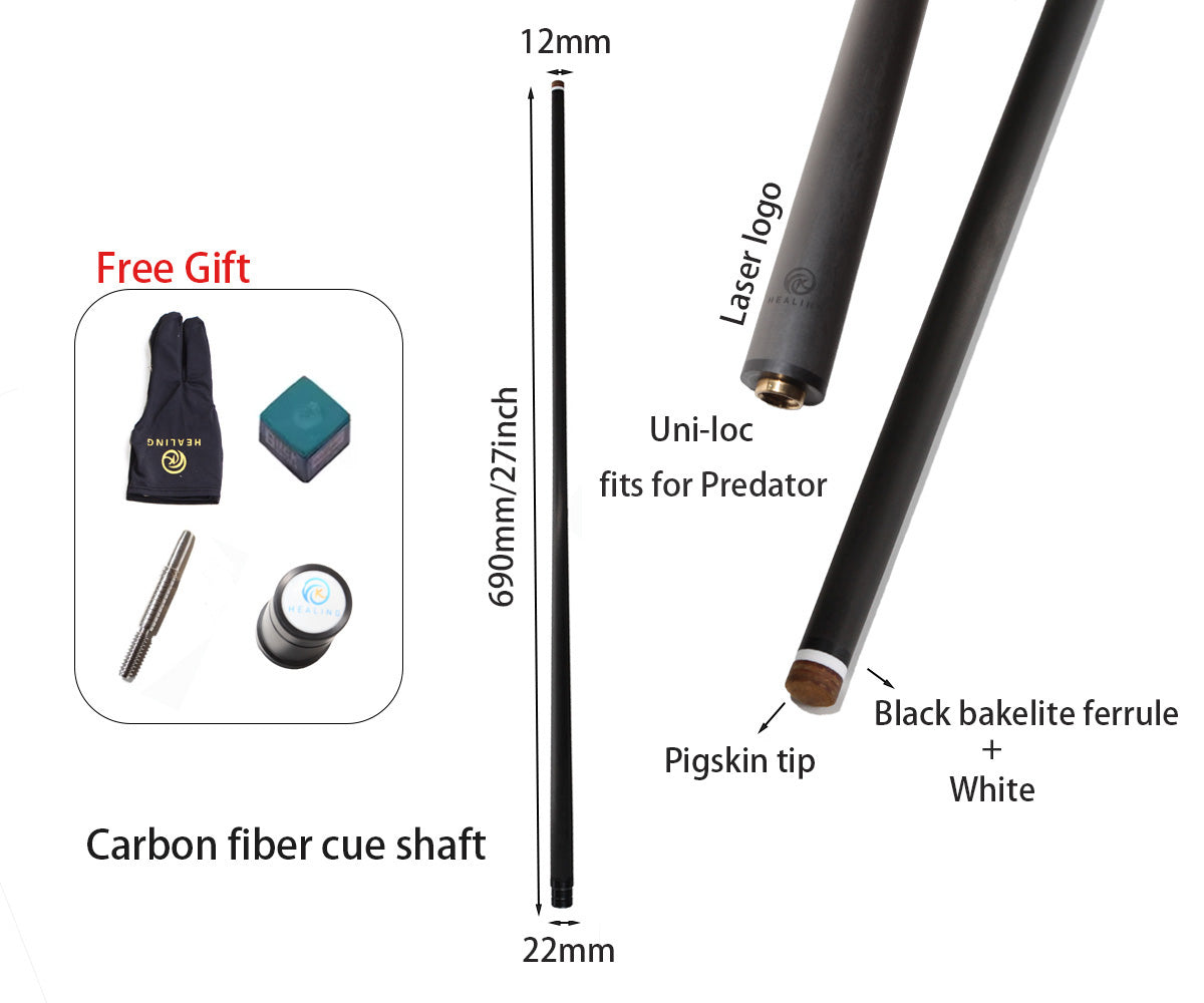 OKHEALING Carbon Carom Cue Shaft - Uni-loc Joint fits for Predator 12mm Tip