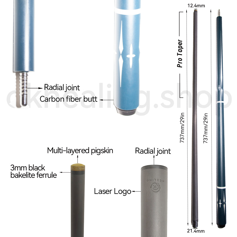 OKHEALING Carbon Pool Cue - Radial Joint 12.4mm Pigskin Tip Blue