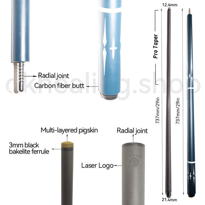 OKHEALING Carbon Pool Cue - Radial Joint 12.4mm Pigskin Tip Blue