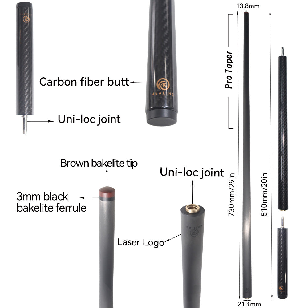 OKHEALING Carbon Jump Cue - Uniloc Joint 13.8mm Tip and Black 3K Twill Surface