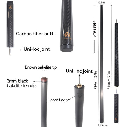 OKHEALING Carbon Jump Cue - Uniloc Joint 13.8mm Tip and Black 3K Twill Surface