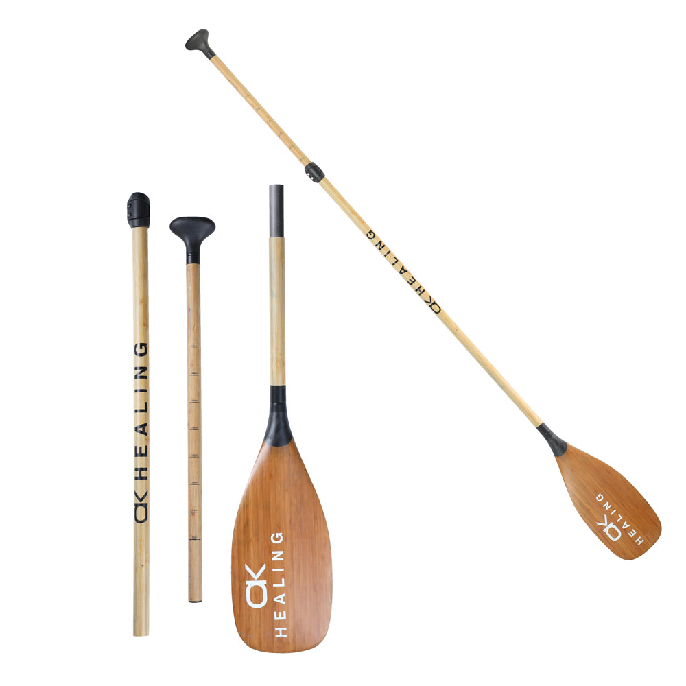 okhealing 3piece carbon fiber sup paddle with one layer of bamboo skin on surface